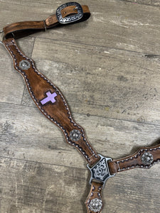 Leather breast collar and browband headstall lilac crosses.