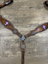 Leather breast collar and browband headstall lilac crosses.