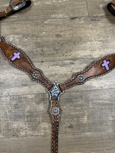 Leather breast collar and browband headstall lilac crosses.