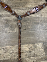 Leather breast collar and browband headstall lilac crosses.