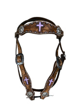 Painted cross leather browband headstall  with conchos  horse size