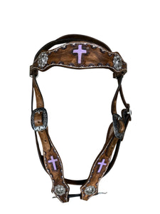 Painted cross leather browband headstall  with conchos  horse size
