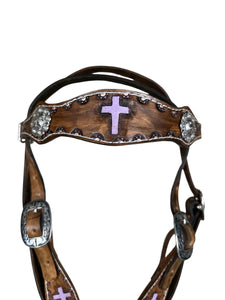 Painted cross leather browband headstall  with conchos  horse size