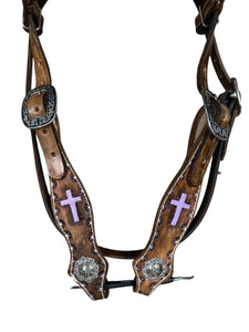 Painted cross leather browband headstall  with conchos  horse size