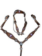 Leather breast collar and browband headstall lilac crosses.