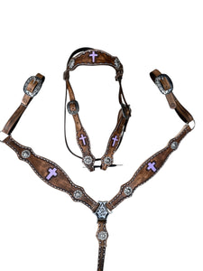 Leather breast collar and browband headstall lilac crosses.