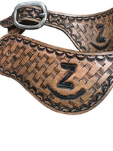 Hand tooled and painted Custom Brand spur straps basketweave.