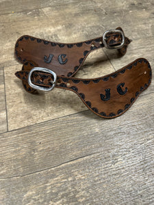 Hand tooled and painted custom spur straps brown and black
