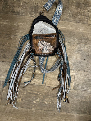 Hand painted cowhide purse with fringe