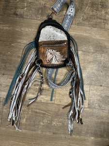 Hand painted cowhide purse with fringe