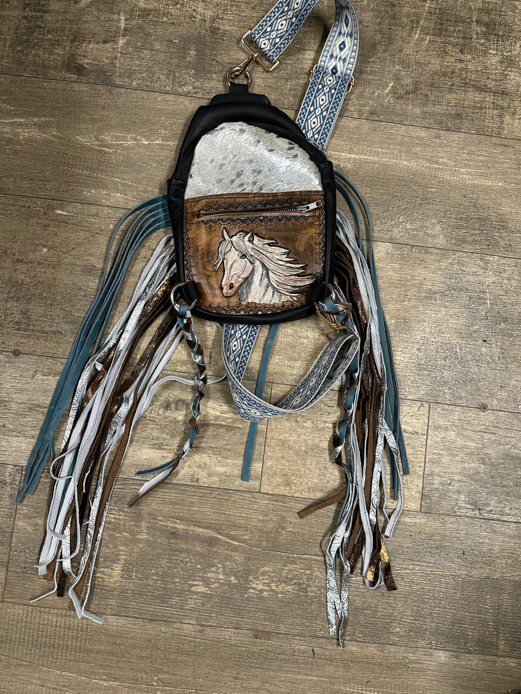 Hand painted cowhide purse with fringe