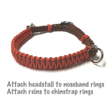 Burnt orange side pull hackamore  bitless attachment “with a whoa”.... with black or  brown chinstrap...all sizes