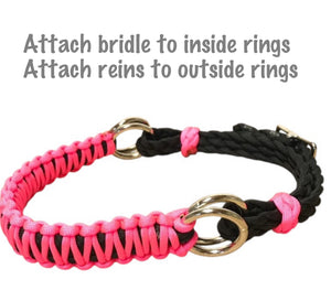 Hot pink side pull hackamore  bitless attachment.... with black or  brown chinstrap...all sizes