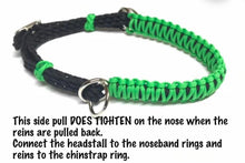 Neon green side pull hackamore  bitless attachment “with a whoa”.... with black or  brown chinstrap...all sizes