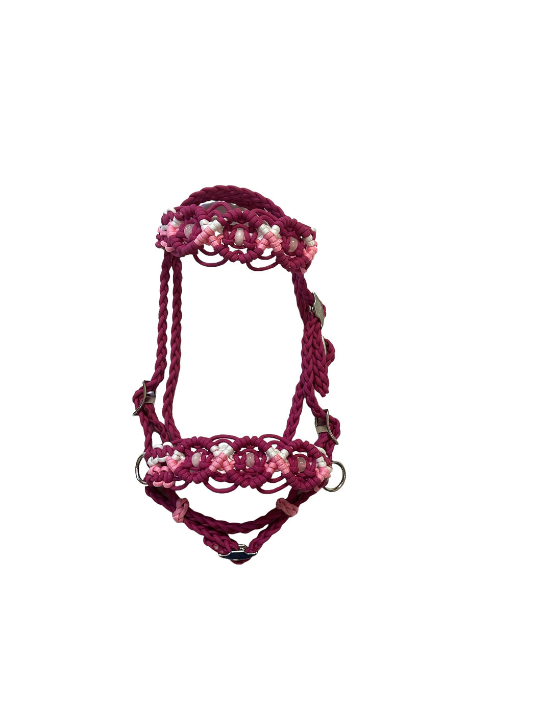 complete Bitless bridle side pull hackamore in my beaded  style with rose quartz.