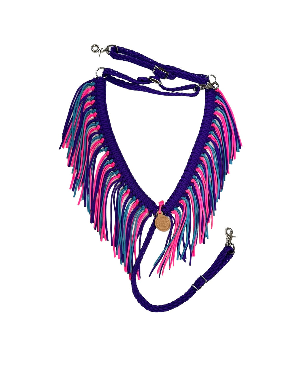 Purple fringe breast collar with a wither strap.