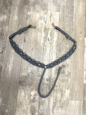 Gemstone fancy macrame  breast collar charcoal grey with rose quartz