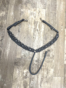 Gemstone fancy macrame  breast collar charcoal grey with rose quartz