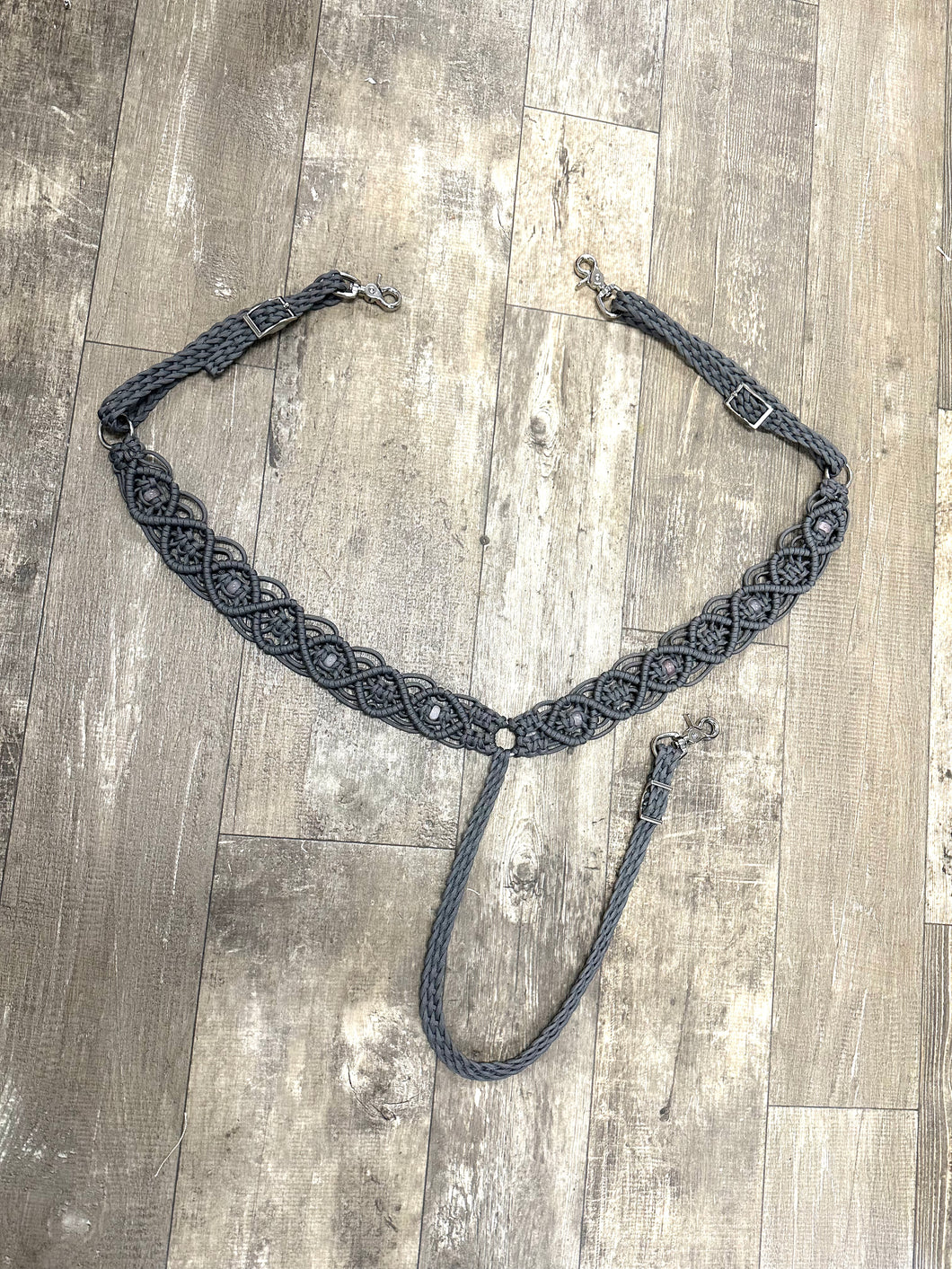 Gemstone fancy macrame  breast collar charcoal grey with rose quartz