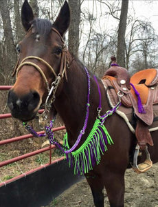 fringe breast collar neon purple and neon green.