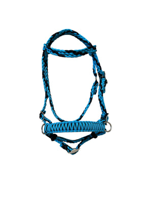 Turquoise  and black complete bitless bridle side pull hackamore with reins ....pony, Cob, Horse. or Draft horse size