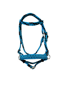 Turquoise  and black complete bitless bridle side pull hackamore with reins ....pony, Cob, Horse. or Draft horse size