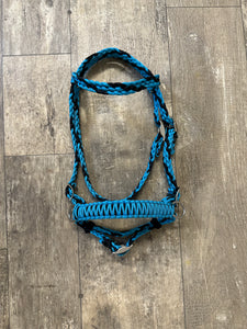 Turquoise  and black complete bitless bridle side pull hackamore with reins ....pony, Cob, Horse. or Draft horse size