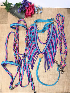 horse tack set,  (fringe breast collar, tie down set, wither strap, reins, and bridle)