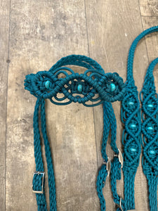 Teal Beaded Browband Headstall with a fancy braided browband with matching reins....all sizes.