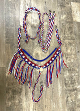 Red white and blue fancy macrame  fringe breast collar with matching bridle, wither strap, and barrel reins