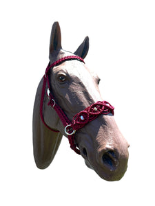 Complete bitless bridle Burgundy Beaded Browband Headstall with a fancy braided browband all sizes.