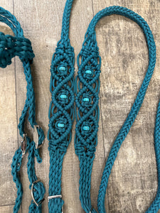 Teal Beaded Browband Headstall with a fancy braided browband with matching reins....all sizes.