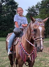Red white and blue fancy macrame  fringe breast collar with matching bridle, wither strap, and barrel reins