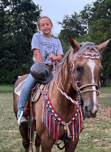 Red white and blue fancy macrame  fringe breast collar with matching bridle, wither strap, and barrel reins
