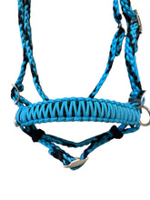 Turquoise  and black complete bitless bridle side pull hackamore with reins ....pony, Cob, Horse. or Draft horse size
