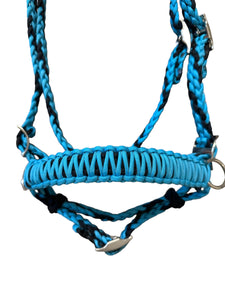 Turquoise  and black complete bitless bridle side pull hackamore with reins ....pony, Cob, Horse. or Draft horse size
