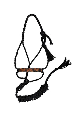 Black Braided mule tape horse halter with toolednoseband
