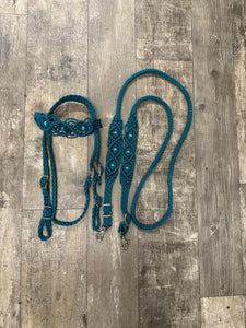 Teal Beaded Browband Headstall with a fancy braided browband with matching reins....all sizes.