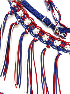 Red white and blue fancy macrame  fringe breast collar with matching bridle, wither strap, and barrel reins