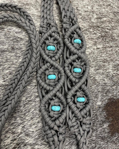Fancy braided split reins in charcoal grey  with genuine howlite gemstones...beautiful yet practical
