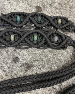 complete Bitless bridle side pull hackamore in baroque style with Indian agate gemstones and matching split reins