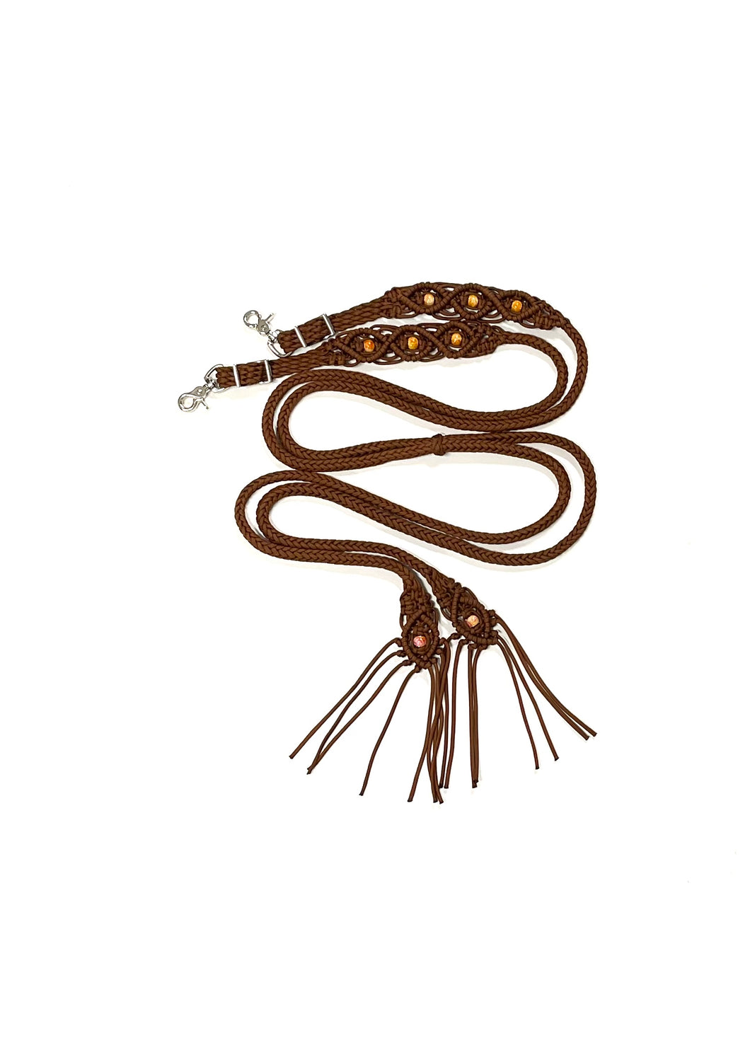 Fancy braided split reins in chocolate brown with beading...beautiful yet practical