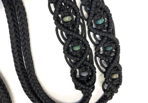 Fancy braided split reins in black with genuine Indian agate gemstones...beautiful yet practical