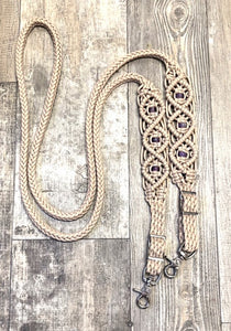 8' Fancy  braided beaded desert sand loop reins with amethyst.
