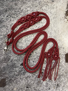 Fancy braided split reins in crimson with European painted glass beads...beautiful yet practical