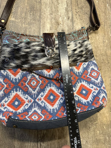 Cowhide, Tapestry and leather shoulder bag with leather strap
