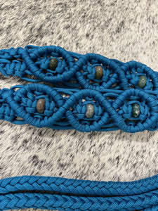 Fancy braided split reins in Carribean blue with agate  gemstones...beautiful yet practical