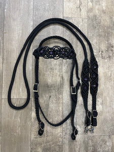 Black Beaded Browband Headstall with a fancy braided browband with matching reins....all sizes.