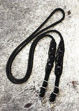 8' Fancy  braided loop reins black with amethyst