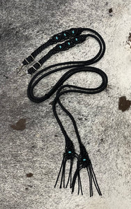 Fancy braided split reins in black with turquoise howlite gemstones...beautiful yet practical
